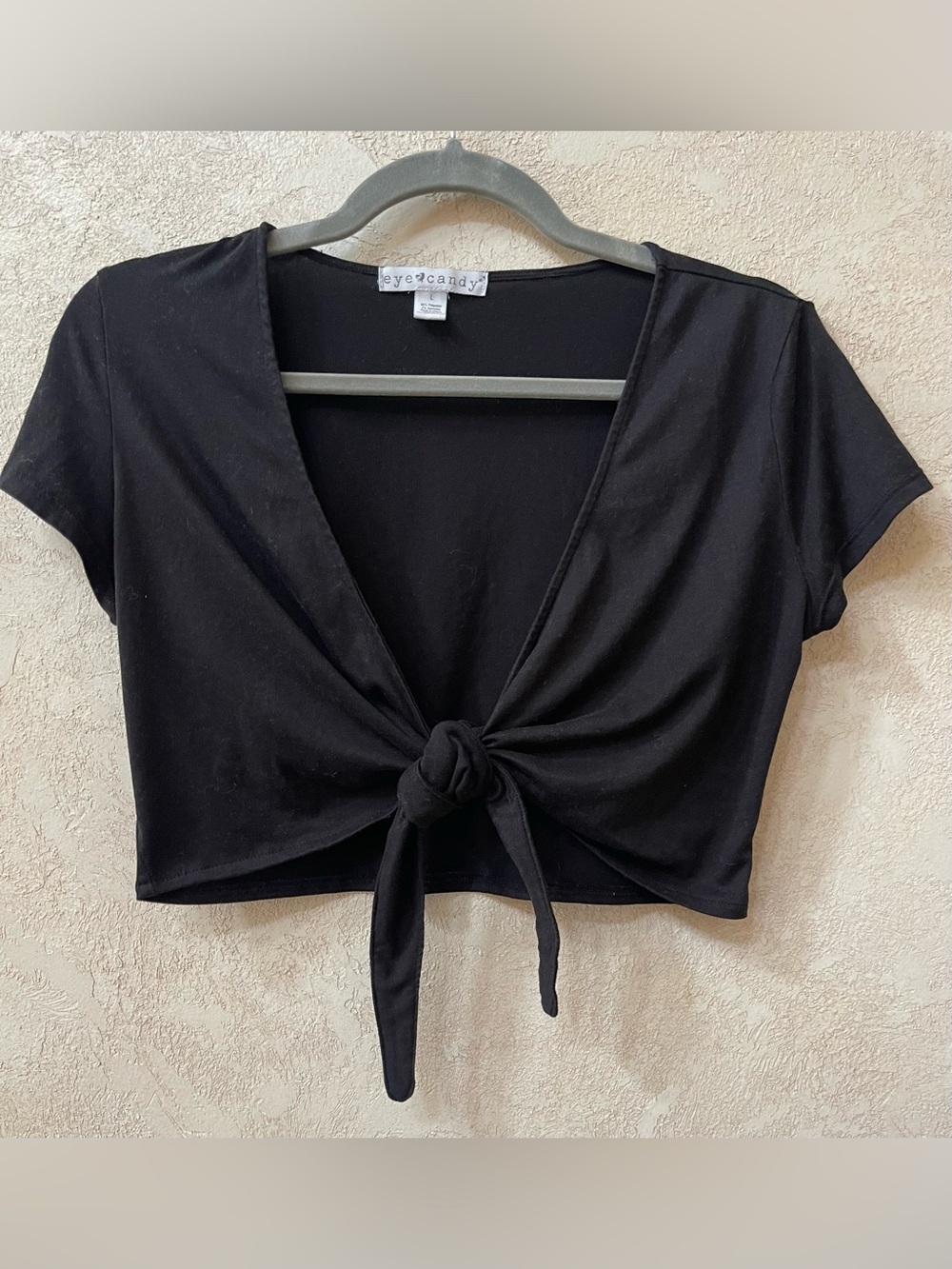 Eye Candy Cute Black Tie-Front Crop Top V-Neck Short Sleeve, Size L